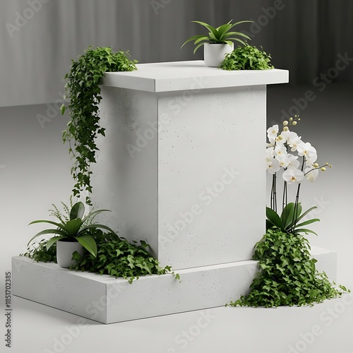 Modern concrete display podium with natural plants and white orchids