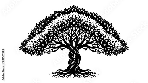 Stylized Tree of Life Illustration with Intricate Roots and Canopy