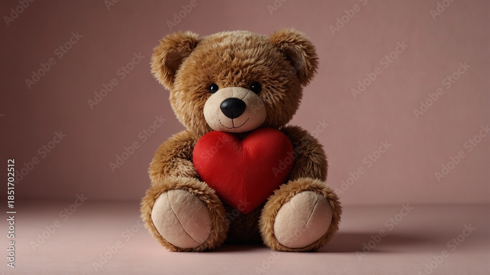 Fototapeta premium Teddy bear holding red heart on pink background for Valentine's Day