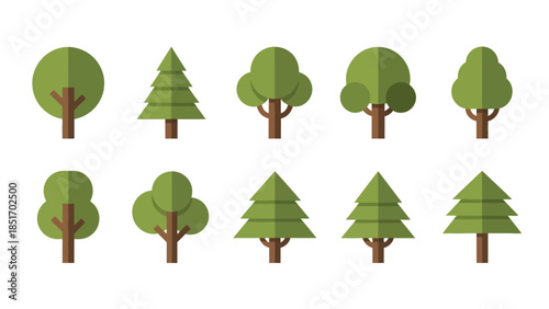 Collection of stylized flat design trees, representing diverse flora in a natural environment, perfect for graphic design projects