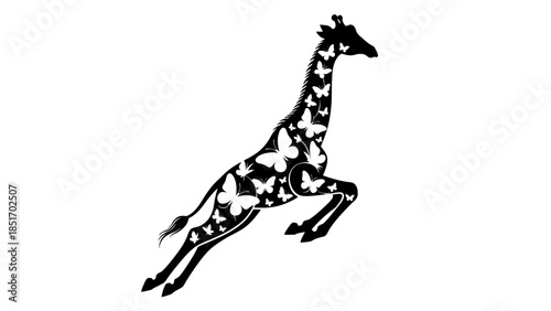 Abstract silhouette of a giraffe filled with a pattern of fluttering butterflies in a stylized artistic representation