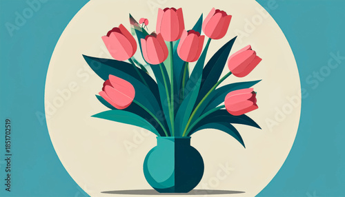 Stylized tulips in a vase on a creamy background, set against a turquoise backdrop. Minimalistic floral art