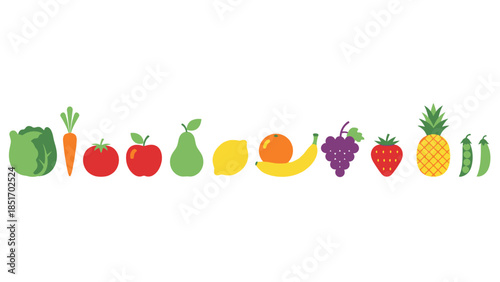 A vibrant assortment of fresh fruits and vegetables arranged in a row, showcasing a colorful variety of healthy food items