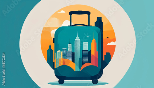 Stylized turquoise suitcase displaying a cityscape with teal and orange hues within an off-white circular frame