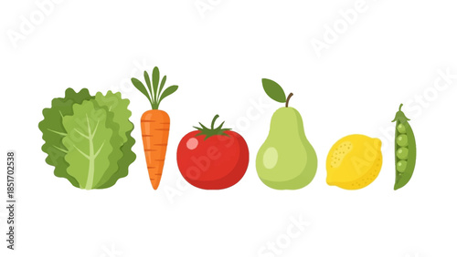 A vibrant collection of fresh produce including lettuce, carrot, tomato, pear, lemon, and peas, perfect for healthy eating and culinary inspiration