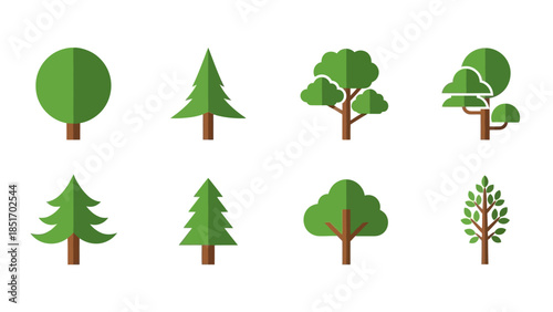 Collection of eight different stylized green trees on a white background, perfect for environmental and nature-related designs