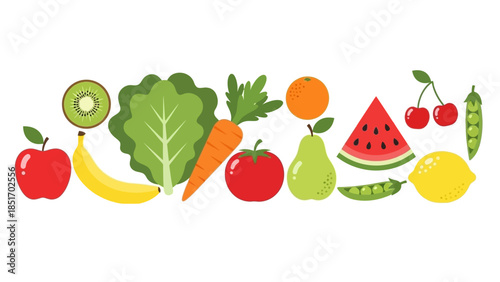 Vibrant Assortment of Fresh Fruits and Vegetables Displayed in a Row, Showcasing a Healthy Diet