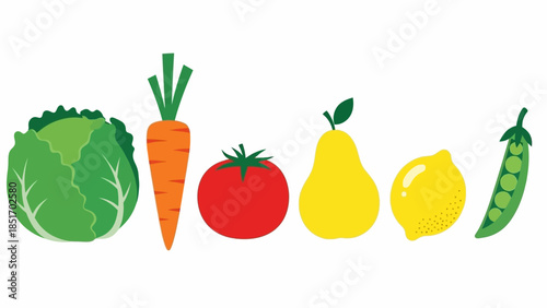 Variety of fresh fruits and vegetables arranged in a line, showcasing a colorful assortment of healthy produce