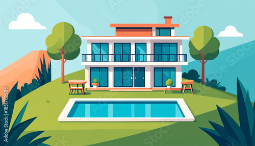 Stylized, two-story house with pool in lush setting, bright hues, soft shading