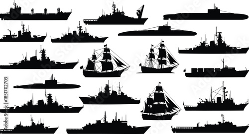 Collection of various ship silhouettes including naval battleships, submarines, vintage sailing vessels, cargo transport vessels, and modern military maritime ocean craft vector icons