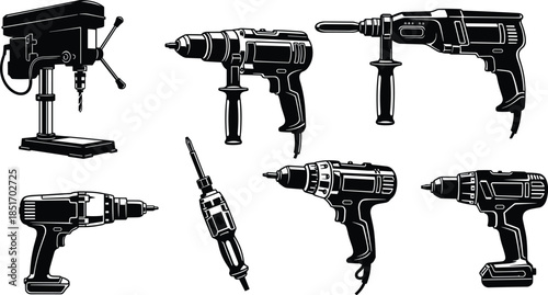 Collection of industrial power tools and electric drills set, featuring drill press, rotary hammer, cordless screwdriver, and impact wrench vector icons on white background