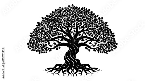 Symbolic illustration of a majestic, ancient, gnarled tree with its extensive root system, representing life, growth, and heritage