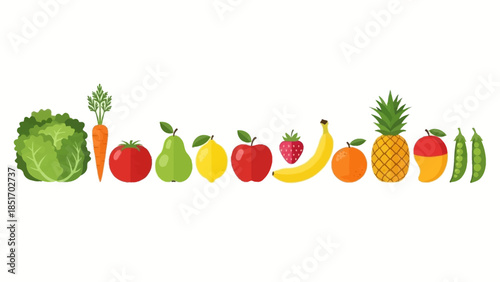 A vibrant collection of fresh fruits and vegetables arranged in a colorful line, showcasing a healthy and diverse assortment of produce