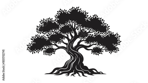 Majestic Silhouette of an Ancient, Spreading Tree with Intricate Root System