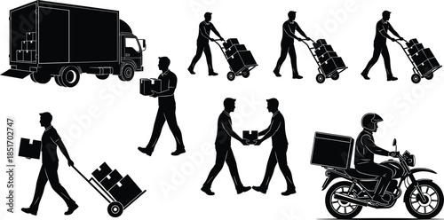 Delivery service silhouettes set featuring delivery truck, courier on motorcycle, workers with hand trucks, carrying cardboard boxes, and professional logistics transportation icons, vector.