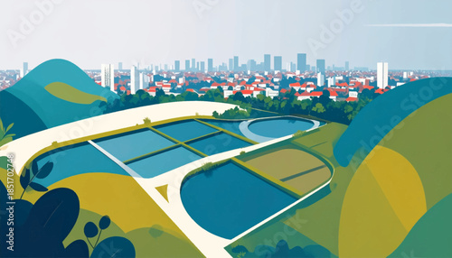 Stylized urban landscape featuring water pools, green hills, city skyline under a muted sky