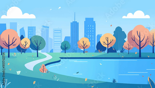 Stylized urban park illustration featuring trees, a pond, and city buildings under a blue sky with white clouds