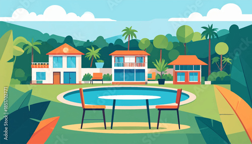 Stylized vector art depicting a tropical estate with buildings, pool, lawn, table, and chairs under a partly cloudy sky