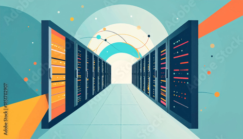 Stylized server room view, blue walls, tiled floor, data connections and open rack with orange glow