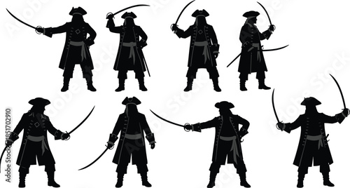 Pirate captain silhouettes collection, male corsair buccaneer characters standing with swords and sabers, nautical maritime adventure vector illustration isolated on white background, buccaneer poses.