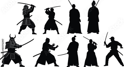Samurai silhouettes collection, Japanese warrior characters set, bushido kendo martial arts poses, katana sword fighter vectors, ancient shogun armor figures, ronin combat stance graphics