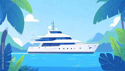 Stylized vector illustration of a luxury yacht in tropical waters surrounded by palm trees and mountains