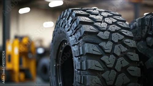 Close-up of rugged off-road tire in industrial setting