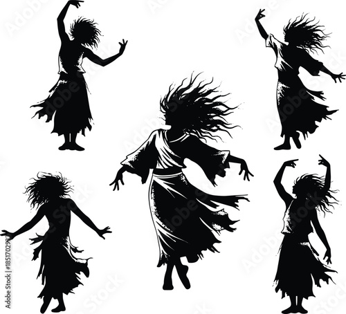Set of black silhouette dancing women with flowing hair and ragged skirts, expressive boho female dancers performing mystical rhythmic movement, isolated vector illustration.