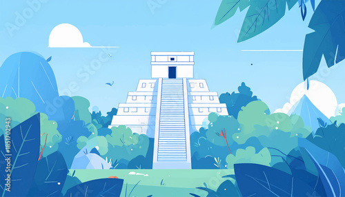 Stylized vector illustration of a pyramid in a jungle environment under a clear sky, rendered in cool blue tones