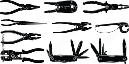 Set of black silhouettes of hand tools, pliers, wire cutters, crimping tools, multi-tools and pocket knives isolated on a white background, vector illustration