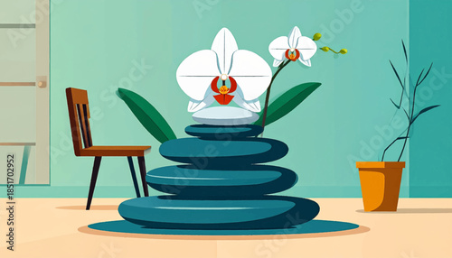 Stylized vector illustration of a white orchid on stacked stones inside a room with furniture and house plants