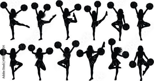 Set of cheerleader silhouettes in various energetic poses holding pom poms, female dancer vector illustrations for sports team spirit and school events,