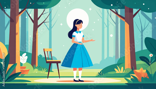 Stylized vector illustration of a woman in a blue dress standing in a forest with a chair nearby