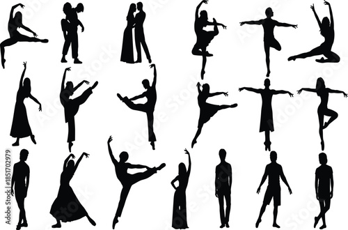 Set of elegant dance silhouettes featuring ballet dancers, contemporary performers, ballroom couples, and athletic poses for artistic design, choreography projects, and creative illustrations.