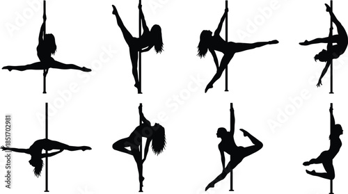 Set of elegant pole dance silhouettes, professional fitness athlete performing artistic gymnastics, acrobatics on vertical bar, feminine strength and flexible body movements, isolated vector.