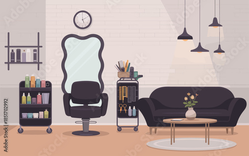 Modern salon interior with waiting area and styling chair viewed from the front