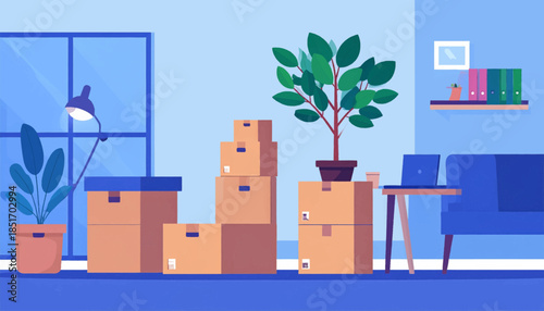 Stylized vector interior room with stacked moving boxes, laptop, and potted plants in various shades of blue, green, & brown