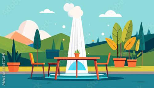 Stylized vector image of a landscape scene featuring outdoor seating, plants, and a fountain-like structure