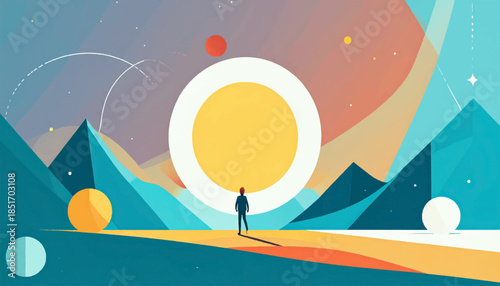 Stylized vista a figure stands before a sun/moon portal in a mountain landscape, geometric shapes and soft light abound