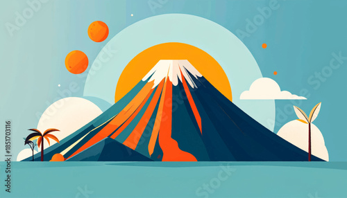 Stylized volcano scene with bright colors, including palm trees and abstract shapes on a bright blue background