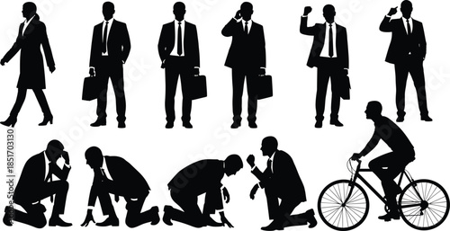Silhouettes of business people in various poses, professional man walking, standing with briefcase, kneeling in despair, corporate success, and businessman riding a bicycle