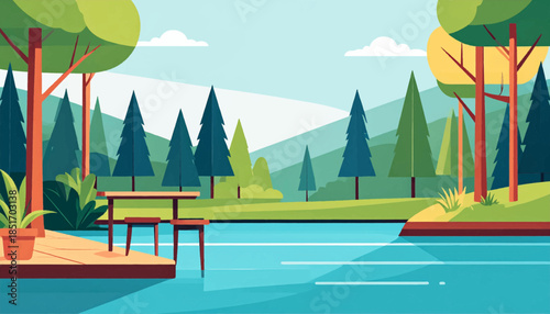 Stylized waterfront scene with trees, water, a dock, a potted plant, a table, and two chairs