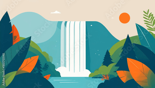 Stylized waterfall scene with bold shapes, vibrant color palette, dense foliage, and mountain backdrop under a bright sun