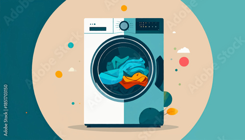 Stylized washing machine filled with clothes on a circular backdrop with abstract shapes and a teal background