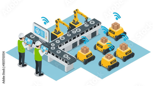 Isometric illustration of two workers managing an automated factory assembly line with robotic arms and self-driving delivery vehicles.