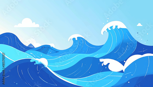 Stylized waves with white crests and clouds, against a pale blue sky