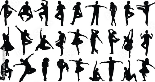 Vector silhouettes of diverse people dancing, jumping, and posing in expressive action, energetic male and female figures for creative design and rhythmic lifestyle concepts
