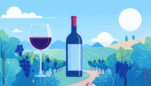 Stylized wine bottle and glass with vineyard scenery