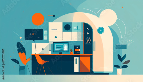 Stylized workspace featuring desk, monitor, chair, plants, and wall unit in muted blue, orange, and cream tones