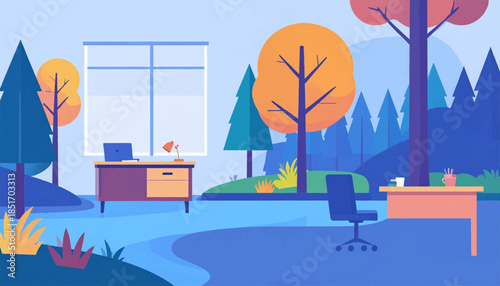 Stylized workspace overlooking trees, with colorful desks, chair, laptop, & lamp